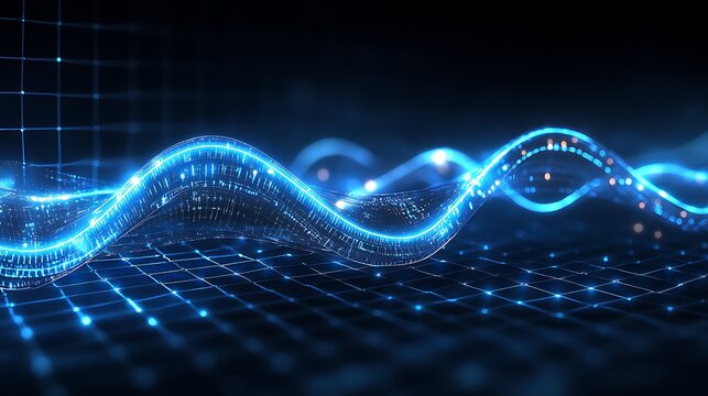Abstract glowing blue digital wave data stream.
