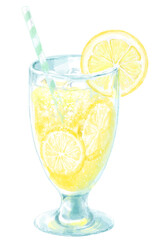 グラスに入ったレモンスカッシュの水彩イラスト