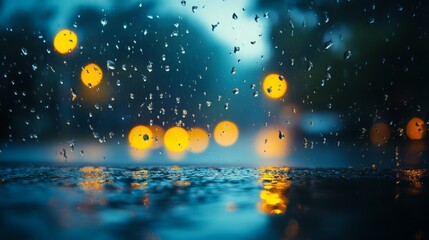 Rainfall creates a serene atmosphere with blurred city lights during a quiet evening