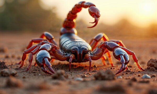 A close-up shot of a large, detailed scorpion walking on the desert ground. The creature's strong pincers and tail are prominent, with a beautiful warm sunset in the background - Powered by Adobe