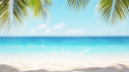 Obraz premium Tropical beach with white sand, turquoise ocean and palm tree leaves framing the top. Paradise island. Vacation and travel concept. Image for poster, banner, wallpaper and tourism advertisement with c