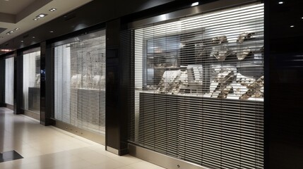 Modern Retail Store Fronts with Metal Security Shutters and Displayed Merchandise
