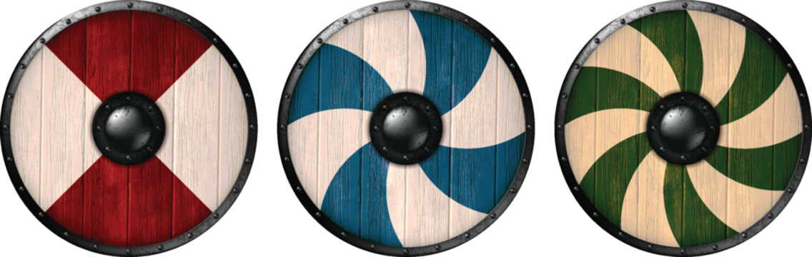 Set of three viking shields. A wooden shields bound with iron, featuring the Scandinavian Viking symbols. Realistic illustration.Print