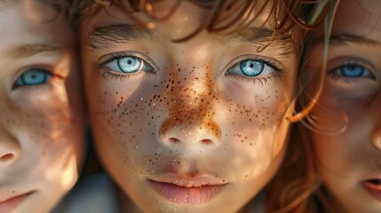 A close-up of a group of children with striking blue eyes and sun-kissed freckles, captured in a soft and intimate moment. The sunlight highlights their vibrant eyes
