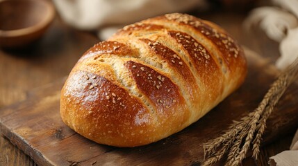 Freshly baked loaf of artisanal bread on wooden board with wheat stalks
