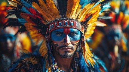 A portrait of an indigenous man adorned in vibrant traditional attire, complete with a feathered headdress and painted face. His powerful expression conveys deep cultural pride 