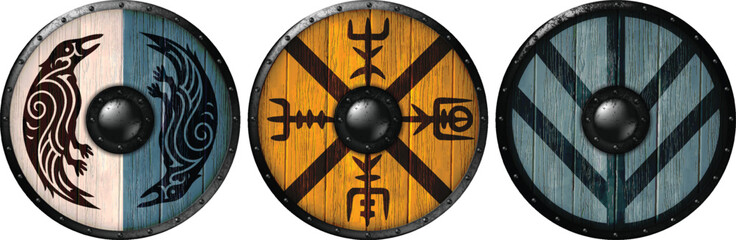 Set of  three  wooden shields bound with iron, featuring the Scandinavian Viking symbols and runs. Realistic illustration.Print