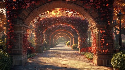 Fototapeta premium Beautiful autumn pathway in a garden with vibrant red and orange foliage