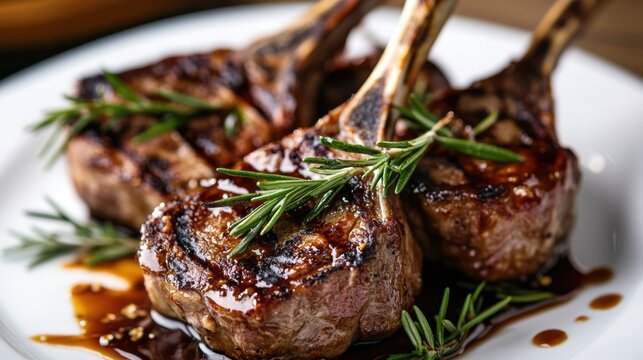 Grilled lamb chops with rosemary sprigs on a plate