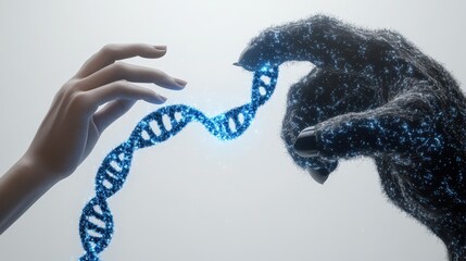 A hand reaches for a luminous blue DNA strand. Delicate connection, scientific curiosity, against a soft gray backdrop