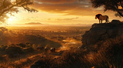 A majestic lion surveying the vast african savanna at sunset
