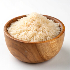 Rice in wooden bowl isolated in white background.