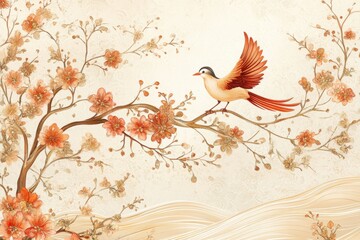 Serene Branch and Bird: A vibrant illustration of a colorful bird perched gracefully on a blossoming branch, with delicate flowers and a soft, dreamlike background.