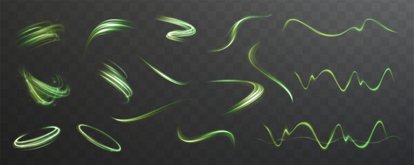 Futuristic green glowing swirl with circular motion and sparkling energy. Dynamic neon wave with spiral and tornado effects. Perfect for tech, speed, and abstract vector backgrounds