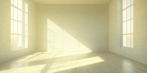 Fototapeta premium Sun-drenched, minimalist room. Warm light streams through windows, highlighting the white brick wall and wood floor in this serene 3D render