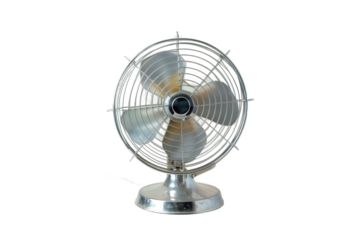A vintage metal desk fan with a silver finish and round base.