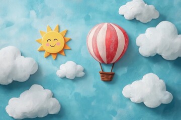 Obraz premium Dreamy Flight: A whimsical illustration of a vibrant hot air balloon sailing across a bright blue sky adorned with fluffy clouds and a smiling sun, radiating joy and adventure.