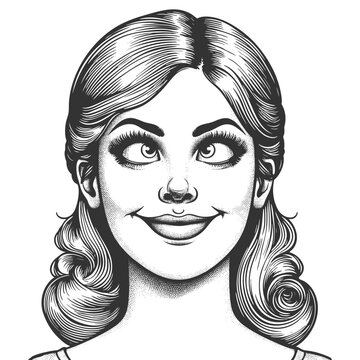 recommend clip art: cheerful woman with crossed eyes, retro curls and playful, exaggerated smile, exuding charm sketch engraving generative ai fictional character vector illustration. Scratch board. Black and white image