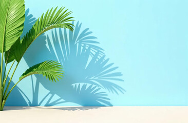 Obraz premium Palm leaves casting shadows on a wall and floor, creating a summer tropical beach background in an empty room, minimalist concept.