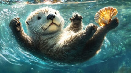 Fototapeta premium Playful Sea Otter Holding a Seashell, Floating Gently in Clear Blue Water