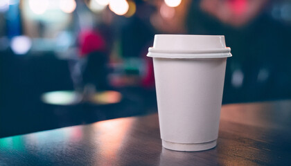 White paper coffee or tea cup on table in coffee shop. Coffee cup close up. Time for drink coffee or tea. Coffee to go. Take a break. Disposable paper cup. Mockup. Generated AI