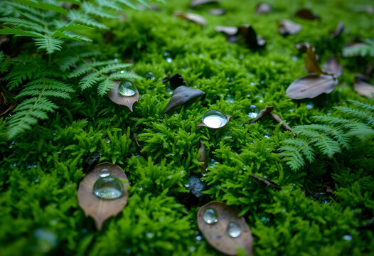 A close-up of a lush forest floor covered in vibrant green moss, with tiny dewdrops glistening on the surface. Ferns and fallen leaves add depth and texture to the scene