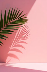 Obraz premium Palm leaves casting shadows on a wall and floor, creating a summer tropical beach background in an empty room, minimalist concept.