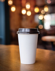 White paper coffee or tea cup on table in coffee shop. Coffee cup close up. Time for drink coffee or tea. Coffee to go. Take a break. Disposable paper cup. Mockup. Generated AI