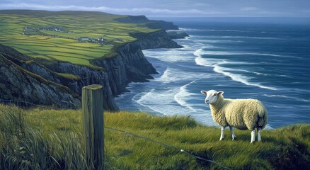 A sheep standing on the edge of an Irish coastal cliff, 