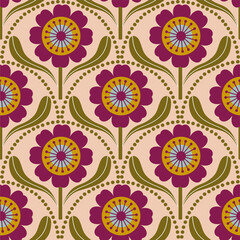 Retro floral pattern with repeating flower motifs. Ideal for textiles, wallpaper, packaging, and digital designs.	