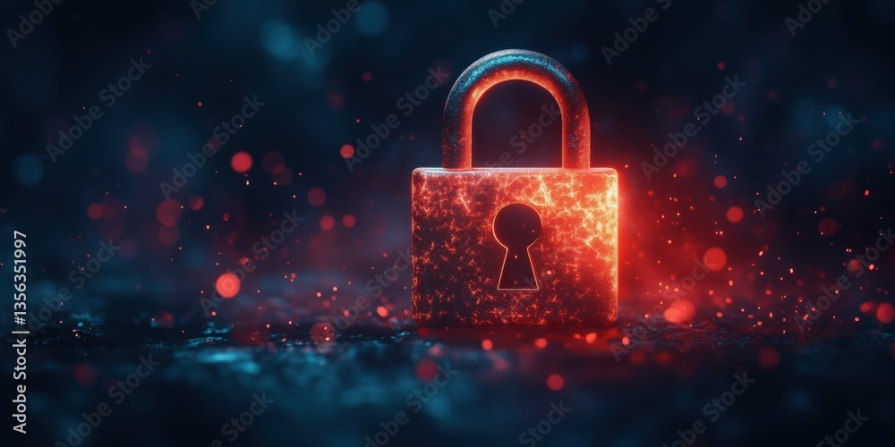 Poster glowing red padlock on dark background with sparkling particles and bokeh effect