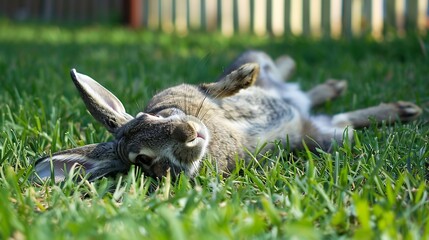Playful rabbit rolling in the grass enjoying the warmth of the afternoon sun