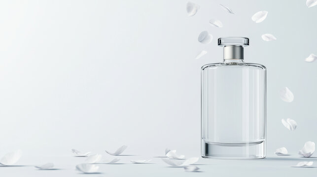 clear glass bottle stands elegantly against soft background, surrounded by delicate white petals, evoking sense of freshness