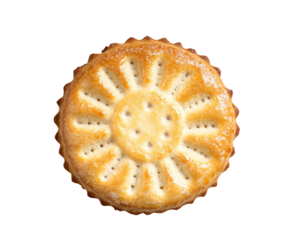 Golden round cookie with decorative sunburst pattern on transparent background