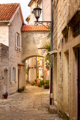 Narrow street in old town of Perast, Montenegro