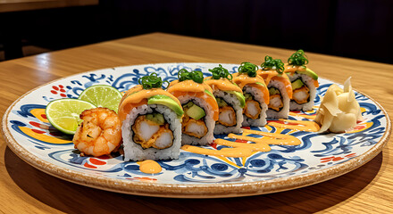 Fototapeta premium Mexican sushi roll with grilled shrimp, avocado, chipotle sauce 