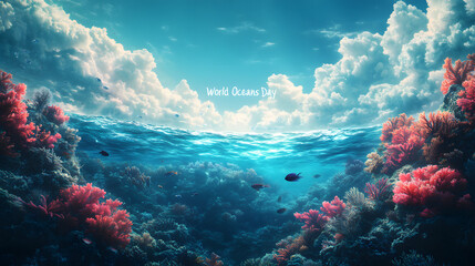 Fototapeta premium Stunning World Oceans Day Wallpaper Featuring Deep Ocean Scene and Bold Lettering