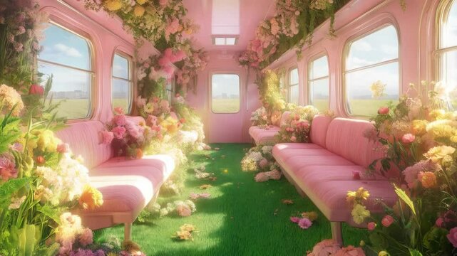 Pink train car filled with blooming flowers and green grass, transforming normal ride into magical space calm and color. Concept springtime, rewilding and emotional escapism.