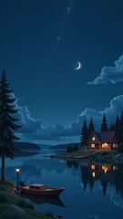 Obraz premium Archipelago Twilight in Finland Turku showcases serene lake with crescent moon reflecting light. Concept of tranquility in Archipelago Twilight in Finland Turku landscape.