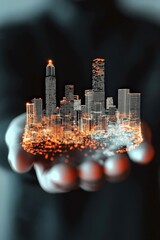 Digital Cityscape Model Displayed in Hands Against Dark Background