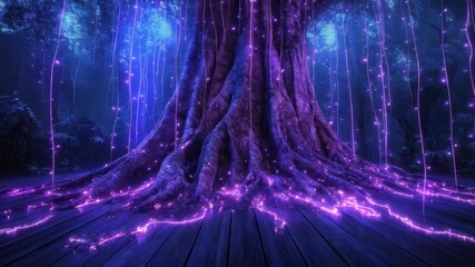Powerful ancient tree with thick roots glowing with bright purple energy, spreading across dark floor under moody blue light. Concept natural energy and bio-digital fusion and Environmental. - Powered by Adobe