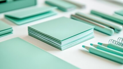 Mint Green Stationery Collection on Clean White Surface