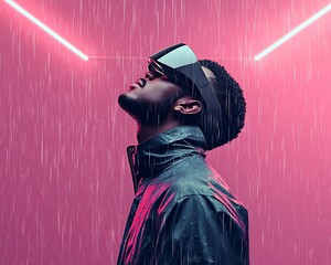 Man in VR rain with neon pink.