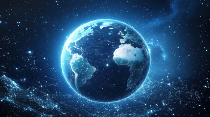 Abstract digital blue Earth with global network connections and data transfer in space on a dark background