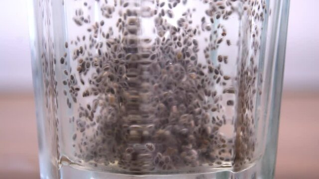 Close-up of chia seeds in water after soaking: Translucent gel texture, superfood, organic food. 