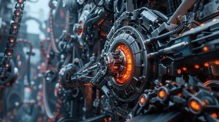 Fototapeta premium futuristic close-up shot of a high-tech mechanical structure, glowing with red light. The complex gears and wires evoke a cyberpunk aesthetic, blending machinery with innovation for an industrial