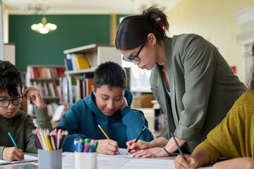 Young teacher assisting student with schoolwork in a classroom setting