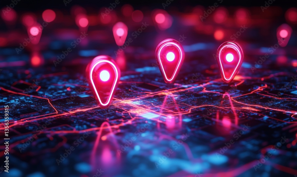 Poster digital map with glowing location pins representing navigation and geolocation technology
