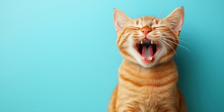 Playful orange tabby cat yawning against bright blue background