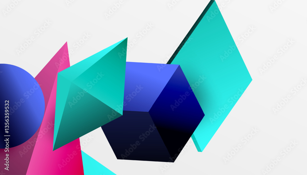 Poster abstract design showcasing isometric cubes, pyramids, squares, and spheres in a vibrant 3d layout. m